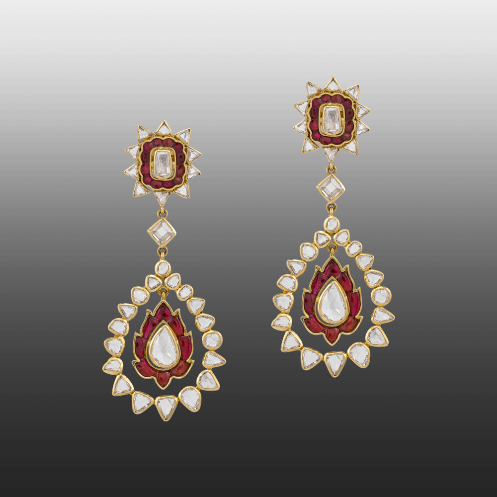 Red Talaf Rosecut Polki Drop Earrings